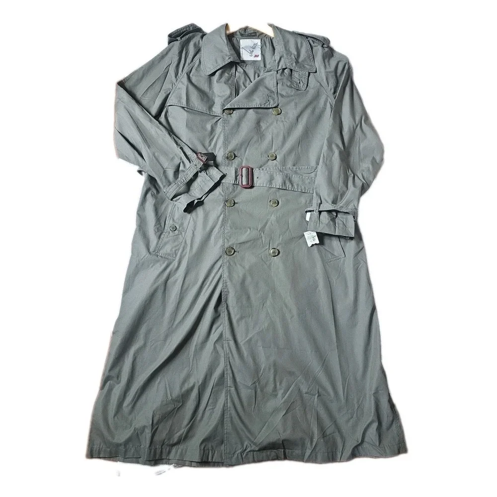 John Weitz Vtg Mens Double Breasted Trench Coat 42L Olive Grey Duster